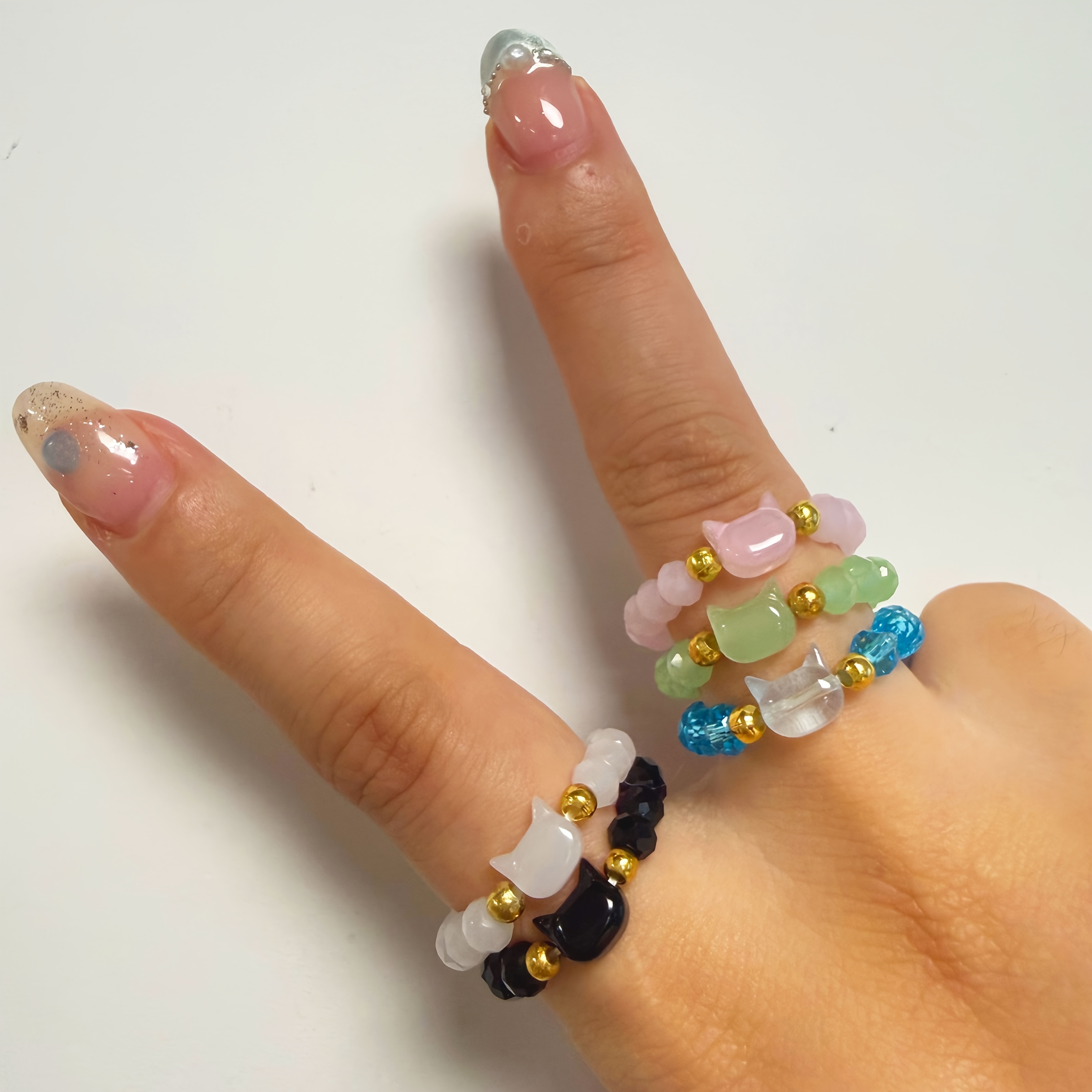 5pcs Cat Theme Beaded Ring Set for Couples, Valentine's Gift